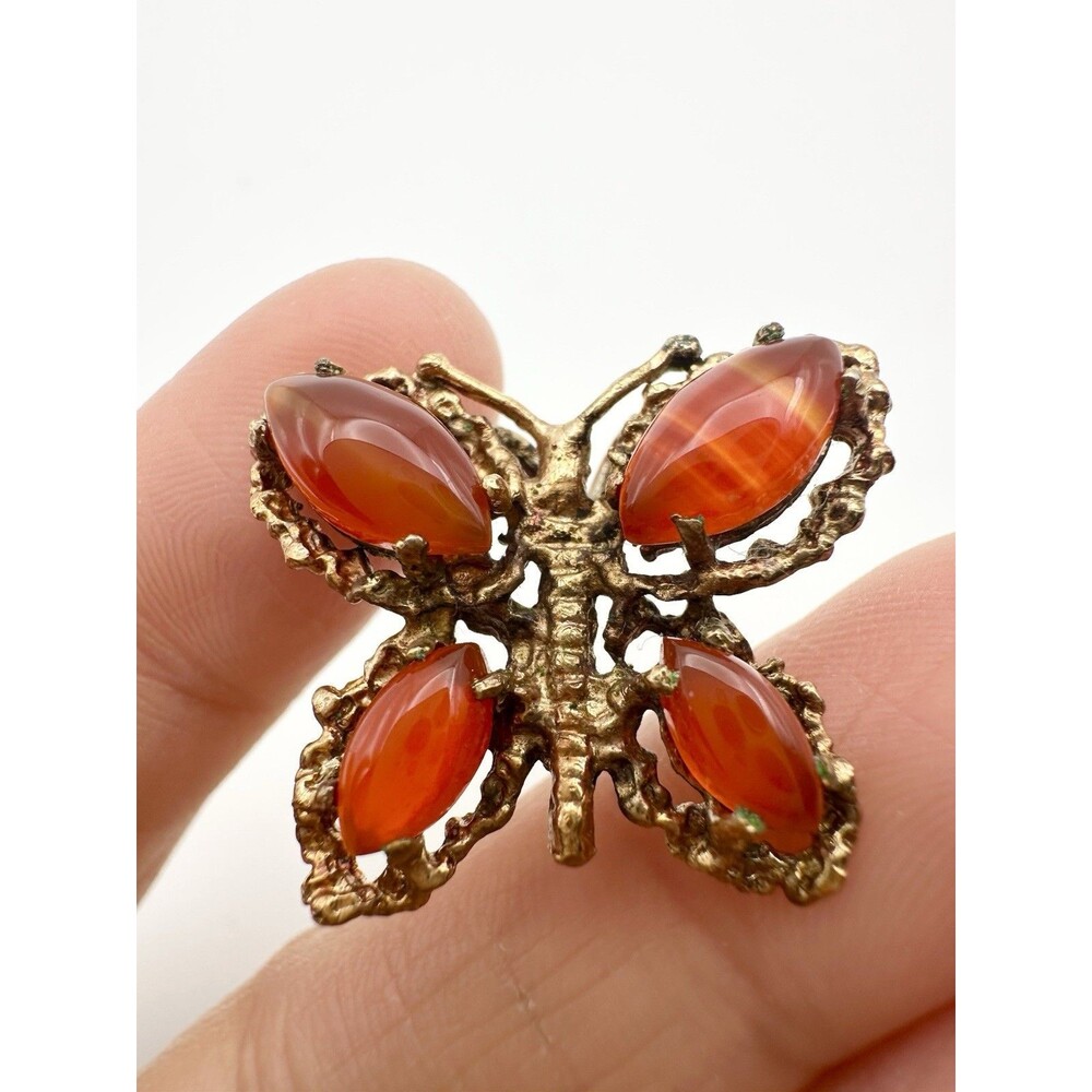 Vintage Gold Tone Carnelian Butterfly Pendant